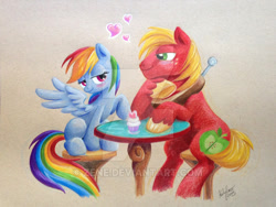 Size: 600x450 | Tagged: safe, artist:zene, imported from derpibooru, big macintosh, rainbow dash, earth pony, pony, blushing, cupcake, date, male, rainbowmac, shipping, sitting, stallion, straight, traditional art, watermark