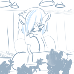 Size: 700x700 | Tagged: safe, artist:goat train, imported from derpibooru, dj pon-3, vinyl scratch, pony, audience, concert, giant pony, giant vinyl scratch/giant dj pon-3, it's hard when you useing that thing when you are a giant, macro, mega vinyl, sketch, tongue out, turntable