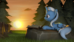 Size: 1920x1080 | Tagged: safe, artist:majorrainbow, imported from derpibooru, trixie, pony, unicorn, 3d, book, cute, diatrixes, female, mare, scenery, smiling, solo, source filmmaker, sun