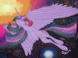 Size: 1024x768 | Tagged: safe, artist:penkatshi, imported from derpibooru, twilight sparkle, alicorn, pony, eyes closed, female, flying, mare, older, solo, space, sparkly mane, spread wings, twilight sparkle (alicorn), ultimate twilight, wings