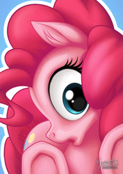 Size: 955x1351 | Tagged: safe, artist:mysticalpha, imported from derpibooru, pinkie pie, against glass, cute, diapinkes, female, glass, patreon, solo, stare, underhoof