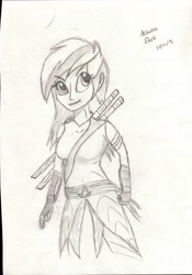 Size: 1684x2400 | Tagged: safe, artist:gapeagle, imported from derpibooru, rainbow dash, human, assassin's creed, female, humanized, monochrome, pencil drawing, sketch, solo, traditional art