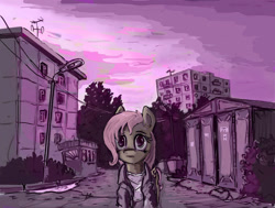 Size: 1280x970 | Tagged: safe, artist:agm, imported from derpibooru, fluttershy, pegasus, pony, clothes, depression, female, folded wings, front view, full face view, garage, jacket, looking at you, outdoors, plattenbau, russia, solo, street, sunset