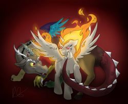 Size: 1024x836 | Tagged: safe, artist:stormdrake0100, imported from derpibooru, discord, twilight sparkle, alicorn, pony, rapidash, female, flame twilight sparkle, mare, rage, rapidash twilight, simple background, taunting, twilight sparkle (alicorn)