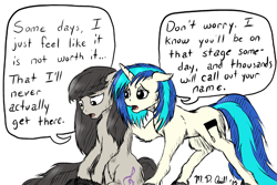 Size: 1024x683 | Tagged: safe, artist:m_d_quill, imported from derpibooru, dj pon-3, octavia melody, vinyl scratch, adorkable, comfort, cute, support, tavibetes, vinylbetes