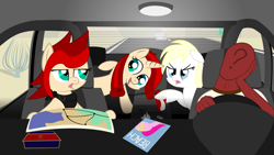 Size: 1920x1080 | Tagged: safe, artist:anonymousdrawfig, imported from derpibooru, oc, oc only, oc:aryanne, oc:red pone (8chan), oc:ruby (8chan), /pone/, 8chan, car, clothes, desert, driving, magazine, map, raised hoof, rare donkey, red anon, road, road trip, scarf