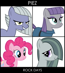 Size: 1262x1404 | Tagged: safe, artist:delzepp, imported from derpibooru, limestone pie, marble pie, maud pie, pinkie pie, hearthbreakers, album cover, demon days, gorillaz, image macro, meme, parody, pie sisters, pie twins, ponified album cover, siblings, twins