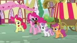 Size: 1280x720 | Tagged: safe, edit, edited screencap, imported from derpibooru, screencap, apple bloom, pinkie pie, scootaloo, sweetie belle, the one where pinkie pie knows, cutie mark crusaders, markless edit, wingboner