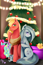 Size: 1000x1500 | Tagged: safe, artist:kitsunehino, imported from derpibooru, big macintosh, marble pie, smarty pants, earth pony, pony, hearthbreakers, christmas tree, hearth's warming eve, male, marblemac, present, shipping, stallion, straight, tree