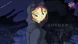 Size: 2560x1440 | Tagged: safe, artist:ngrycritic, imported from derpibooru, sunset shimmer, equestria girls, batman, catwoman, clothes, crossover, dc comics, female, gotham, hoodie, selina kyle, solo, style emulation, uotapo-ish