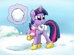 Size: 1600x1200 | Tagged: safe, artist:blehmaster7, imported from derpibooru, twilight sparkle, unicorn, boots, clothes, female, saddle, scarf, snow, snowball, solo, unicorn twilight, winter