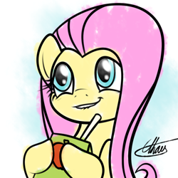 Size: 850x850 | Tagged: safe, artist:ethaes, imported from derpibooru, fluttershy, scare master, female, juice box, lip bite, scene interpretation, simple background, smiling, solo