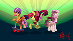 Size: 2954x1662 | Tagged: safe, artist:alumx, imported from derpibooru, apple bloom, scootaloo, sweetie belle, crusaders of the lost mark, cape, clothes, cmc cape, cutie mark, cutie mark crusaders, helmet, scooter, the cmc's cutie marks