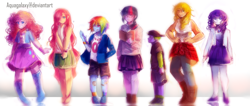 Size: 3960x1682 | Tagged: safe, artist:aquagalaxy, imported from derpibooru, applejack, fluttershy, pinkie pie, rainbow dash, rarity, spike, twilight sparkle, equestria girls, clothes, equestria girls outfit, human spike, humanized, mane seven, mane six