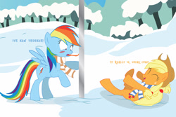 Size: 1024x683 | Tagged: safe, artist:dr-whiskey, imported from derpibooru, applejack, rainbow dash, earth pony, pegasus, pony, ^^, a christmas story, applejerk, clothes, eyes closed, laughing, lisp, scarf, snow, tongue stuck to pole, tongue stuck to something frozen