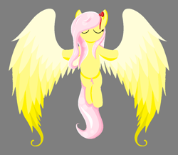 Size: 1024x889 | Tagged: safe, artist:moonmuffin1, imported from derpibooru, fluttershy, bowtie, eyes closed, female, gray background, simple background, solo, spread wings