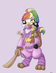 Size: 1225x1575 | Tagged: safe, artist:alasou, imported from derpibooru, oc, oc only, oc:rainbow feather, griffon, eyepatch, interspecies offspring, magical lesbian spawn, map, ninja, ninja pirate, offspring, parent:gilda, parent:rainbow dash, parents:gildash, pirate, pirate ninja, plushie, solo, wooden sword