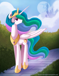 Size: 900x1162 | Tagged: safe, artist:exceru-karina, imported from derpibooru, princess celestia, canterlot castle, female, mare in the moon, moon, solo