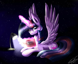 Size: 1200x1000 | Tagged: safe, artist:yummiestseven65, imported from derpibooru, twilight sparkle, alicorn, pony, book, female, lamp, magic, mare, prone, reading, solo, space, spread wings, stars, telekinesis, twilight sparkle (alicorn)