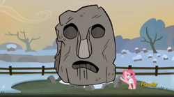 Size: 800x446 | Tagged: safe, edit, edited screencap, imported from derpibooru, screencap, pinkie pie, earth pony, pony, hearthbreakers, season 5, discovery family logo, female, fence, gravity falls, holder's boulder, holder's new boulder meme, mare, raised hoof, rock, rock that looks like a face rock, saddle bag, snow, solo, tourist trapped, tree, winter