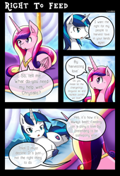 Size: 1500x2210 | Tagged: safe, artist:vavacung, imported from derpibooru, princess cadance, queen chrysalis, shining armor, comic:to love alicorn, comic, dialogue, prone, speech bubble