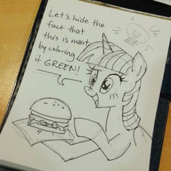 Size: 900x900 | Tagged: safe, artist:sketchyjackie, imported from derpibooru, twilight sparkle, alicorn, pony, burger, female, grayscale, lightbulb, mare, monochrome, omnivore twilight, open mouth, pointing, ponies eating meat, raised eyebrow, silly, silly pony, sketch, smiling, traditional art, twilight sparkle (alicorn)