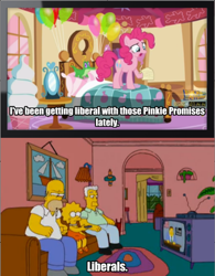 Size: 640x819 | Tagged: safe, imported from derpibooru, gummy, pinkie pie, the one where pinkie pie knows, back to the future, balloon, bedroom, homer simpson, image macro, kent brockman, liberals, lisa simpson, meme, pinkie promise, pun, television, the simpsons