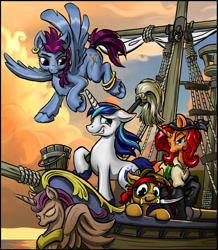 Size: 1103x1263 | Tagged: safe, artist:harwick, imported from derpibooru, shining armor, oc, oc:charming booty, oc:harpoon, oc:patches, alicorn, earth pony, pegasus, pony, unicorn, blushing, boots, bucket, clothes, dagger, ear piercing, earring, fanfic, fanfic art, fanfic cover, female, figurehead, filly, flying, jewelry, leg rings, male, mare, mop, mouth hold, piercing, pirate, pirate ship, raised hoof, ship, stallion, weapon