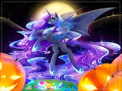 Size: 2966x2222 | Tagged: safe, artist:koveliana, imported from derpibooru, nightmare moon, alicorn, bat pony, bat pony alicorn, candy, chromatic aberration, color porn, female, horseshoes, jack-o-lantern, moon, pumpkin, solo