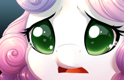 Size: 5100x3300 | Tagged: safe, artist:starshinebeast, imported from derpibooru, sweetie belle, pony, close-up, colored pupils, commission, crying, cute, daaaaaaaaaaaw, diasweetes, face, female, open mouth, pleading, sad, solo