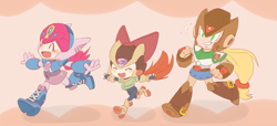 Size: 2633x1200 | Tagged: safe, artist:thegreatrouge, imported from derpibooru, apple bloom, applejack, pinkie pie, equestria girls, armor, axl, boots, clothes, crossover, denim skirt, eyes closed, mega man (series), megaman, megaman x, megaman zero, open mouth, running, skirt, zero