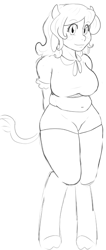 Size: 382x900 | Tagged: safe, artist:dj-black-n-white, imported from derpibooru, oc, oc only, oc:petunia, anthro, cow, satyr, horns, hot pants, monochrome, offspring, parent:daisy jo