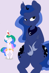 Size: 1280x1908 | Tagged: safe, artist:messenger, artist:purple-yoshi-draws, edit, imported from derpibooru, princess celestia, princess luna, pony, bedroom eyes, bipedal, both cutie marks, dunce hat, frown, hat, hips, smirk, unamused, wide hips