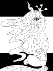 Size: 1024x1365 | Tagged: safe, artist:chapaevv, imported from derpibooru, queen chrysalis, changeling, changeling queen, crown, female, jewelry, looking at you, monochrome, regalia, solo