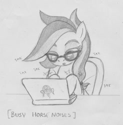 Size: 908x923 | Tagged: safe, artist:lockerobster, imported from derpibooru, oc, oc only, oc:safe haven, computer, descriptive noise, grayscale, horse noises, laptop computer, meme, monochrome, pencil drawing, solo, traditional art