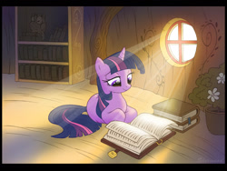 Size: 1280x960 | Tagged: safe, artist:sherwoodwhisper, imported from derpibooru, owlowiscious, twilight sparkle, bird, owl, pony, unicorn, book, crepuscular rays, female, golden oaks library, mare, prone, reading, smiling, solo focus, sunlight, unicorn twilight