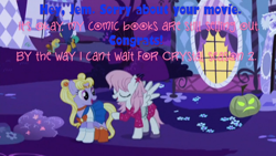 Size: 720x405 | Tagged: safe, imported from derpibooru, screencap, blossomforth, celena, cloud kicker, gem glitter, snails, snips, scare master, blue text, image macro, jem, meme, pink text, sailor moon