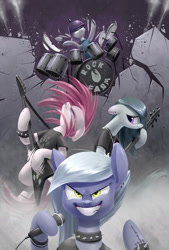 Size: 1181x1748 | Tagged: safe, artist:underpable, imported from derpibooru, limestone pie, marble pie, maud pie, pinkie pie, earth pony, pony, badass, band, bass guitar, bracelet, choker, clothes, drums, ear piercing, earring, electric guitar, epic, eyebrow piercing, female, flying v, fuck yeah, grin, guitar, hardcore, headbang, heavy metal, helmet, jewelry, mare, metal, metal as fuck, microphone, middle finger, musical instrument, necklace, pickelhaube, pie sisters, piercing, pinkamena diane pie, playing instrument, punk, punkamena, punkie pie, rock (music), rock farm, shirt, spiked choker, spiked wristband, t-shirt, tattoo