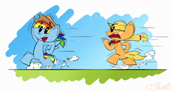 Size: 4176x2206 | Tagged: safe, artist:ojhat, imported from derpibooru, applejack, rainbow dash, pony, accessory theft, bipedal