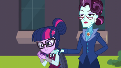 Size: 1280x720 | Tagged: safe, imported from derpibooru, screencap, principal abacus cinch, sci-twi, twilight sparkle, equestria girls, friendship games, cinch is not amused, clothes, crystal prep academy uniform, cutie mark accessory, hand on shoulder, principal and student, school uniform, unamused