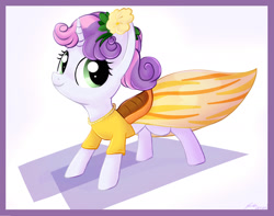 Size: 2005x1579 | Tagged: safe, artist:artoftheghostie, imported from derpibooru, sweetie belle, clothes, dress, female, flower, flower in hair, saddle, solo, tack, yellow dress