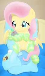 Size: 1101x1845 | Tagged: safe, artist:mgmax, imported from derpibooru, fluttershy, oc, oc:anon, pegasus, pony, clothes, female, mare, plushie, socks, solo, striped socks, thread