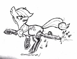 Size: 1024x790 | Tagged: safe, artist:aron, imported from derpibooru, applejack, cyborg, amputee, augmented, female, fireproof boots, grindhouse, gun, gun leg, monochrome, planet terror, prosthetic limb, prosthetics, sharp teeth, solo, weapon