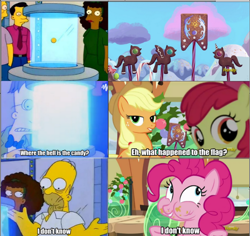 Size: 640x604 | Tagged: safe, imported from derpibooru, apple bloom, applejack, pinkie pie, hearthbreakers, season 5, homer simpson, image macro, meme, professor frink, the simpsons