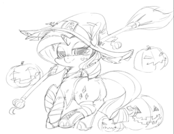 Size: 819x631 | Tagged: safe, artist::kuma8696, imported from derpibooru, rarity, female, halloween, monochrome, solo, witch