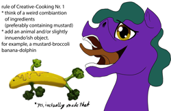 Size: 1280x828 | Tagged: safe, artist:xormak, imported from derpibooru, oc, oc only, oc:mustardpopsicle, dolphin, banana, broccoli, mustard, open mouth, solo, text, tongue out, what has science done