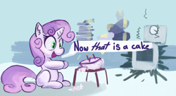 Size: 3300x1800 | Tagged: safe, artist:lilfunkman, imported from derpibooru, sweetie belle, pony, unicorn, bad cooking, cake, dialogue, female, filly, mare, solo, sweetie belle can't cook, sweetie fail