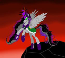 Size: 900x800 | Tagged: safe, artist:hezzah-rae, artist:regretfuldragon, imported from derpibooru, princess celestia, boots, clothes, colored horn, correstia, corrupted, corrupted celestia, corruptia, crown, curved horn, dark magic, darklestia, evil celestia, evilestia, female, horn, jewelry, magic, peytral, rearing, red sky, regalia, robe, shoes, solo, sombra eyes, sombra horn, tiara