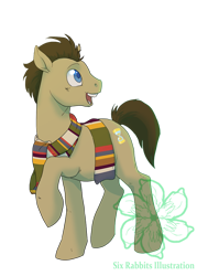 Size: 757x1000 | Tagged: dead source, safe, artist:bellmod, imported from derpibooru, doctor whooves, time turner, pony, clothes, fourth doctor's scarf, male, open mouth, raised hoof, scarf, simple background, solo, stallion, striped scarf, tom baker's scarf, transparent background, watermark