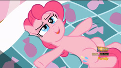 Size: 1920x1080 | Tagged: safe, imported from derpibooru, screencap, pinkie pie, the one where pinkie pie knows, bed, discovery family logo, female, out of context, solo, unfortunate logo placement